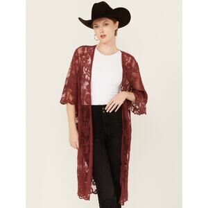 Shyanne Duster Long Kimono One Size Red Floral Lace Open Front Western Boho